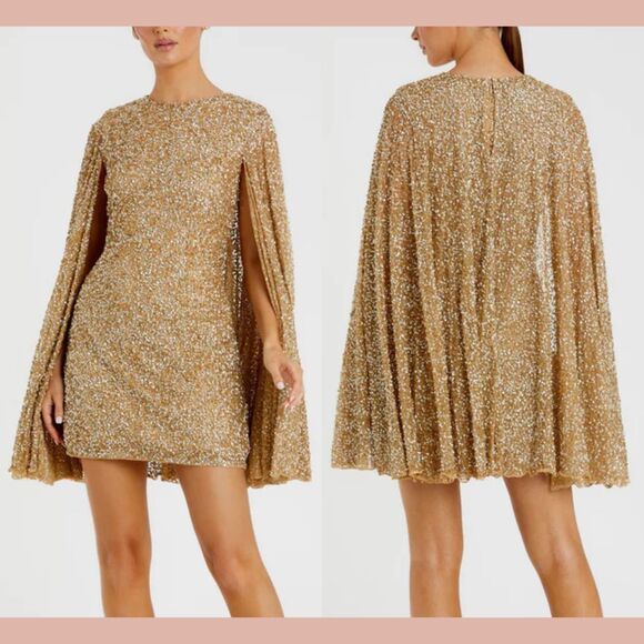 NWT $498 Mac Duggal [ 10 ] 5931 Sequined Cape Sleeve Mini Dress in‎ Gold - Picture 1 of 11